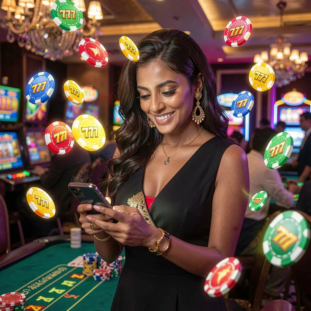 Confident Bangladeshi woman using the BD 18 casino app on her phone as colorful poker chips and slot symbols float around her
