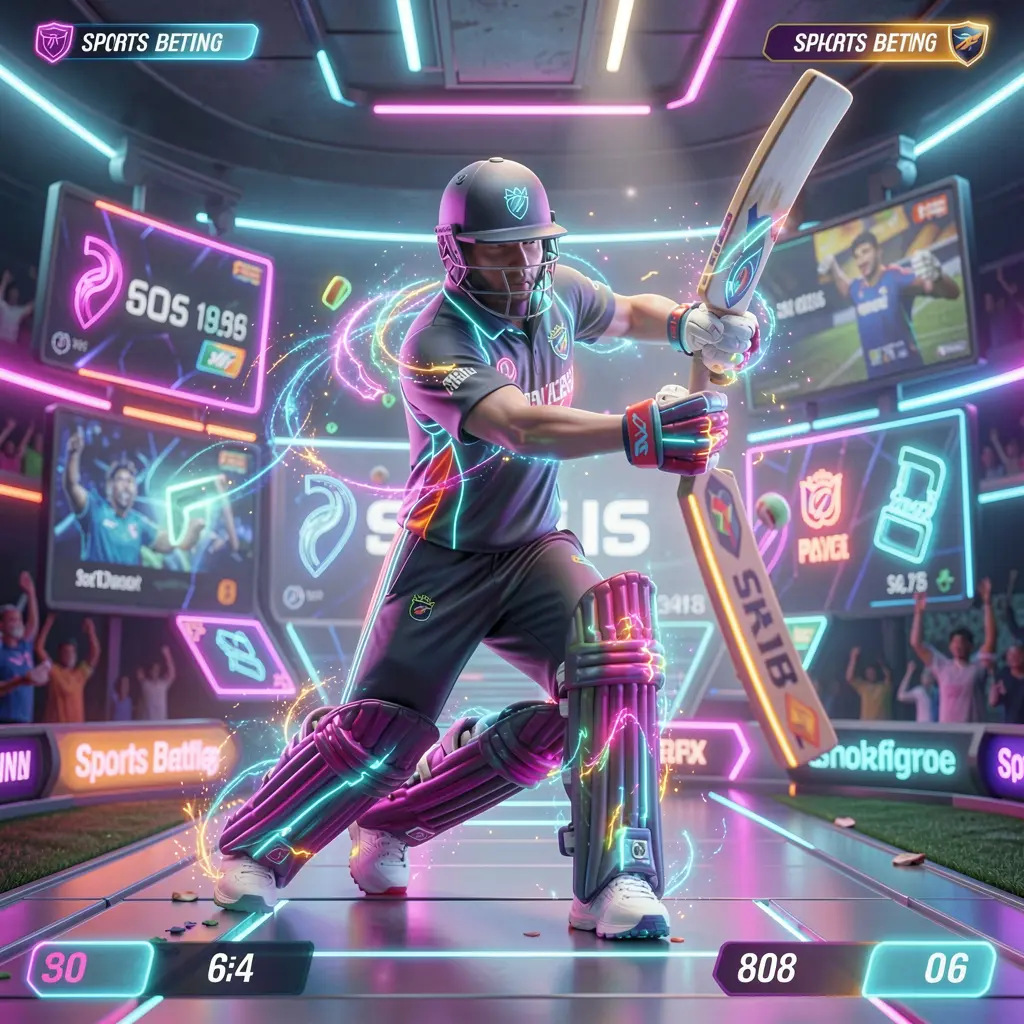 Futuristic neon cricket player striking the ball inside a digital stadium representing high tech sports betting on BD 18 in Bangladesh