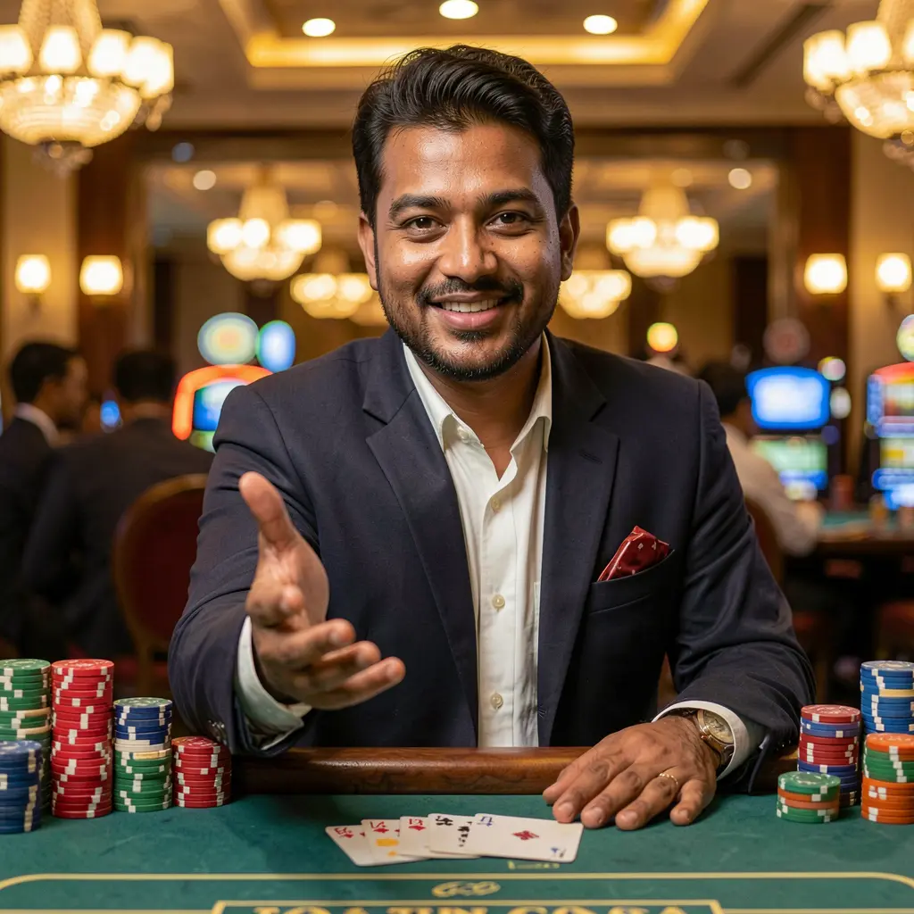Confident Bangladeshi casino dealer reaching forward with flying poker chips representing trusted BD 18 casino access in Bangladesh