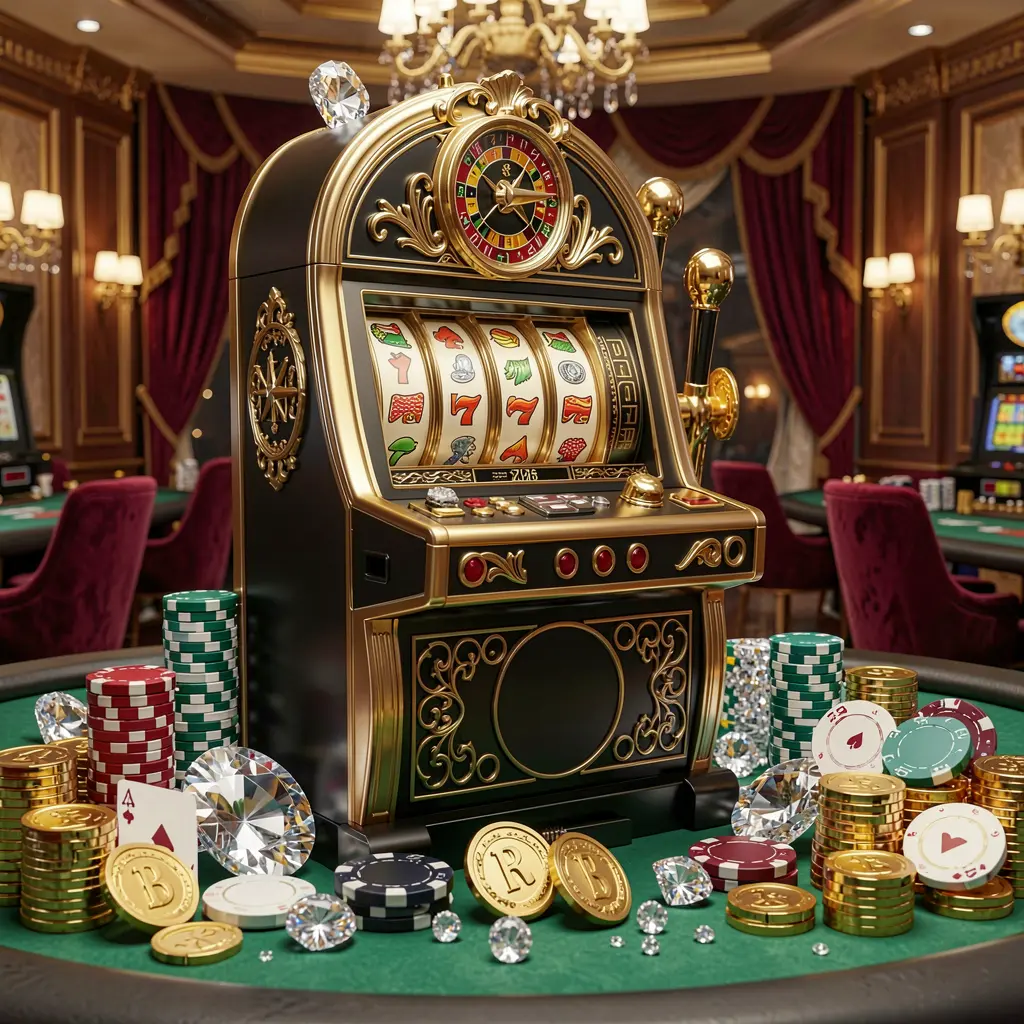 Classic casino slot machine with red sevens and golden accents surrounded by poker chips and sparkling coins at BD 18 casino in Bangladesh